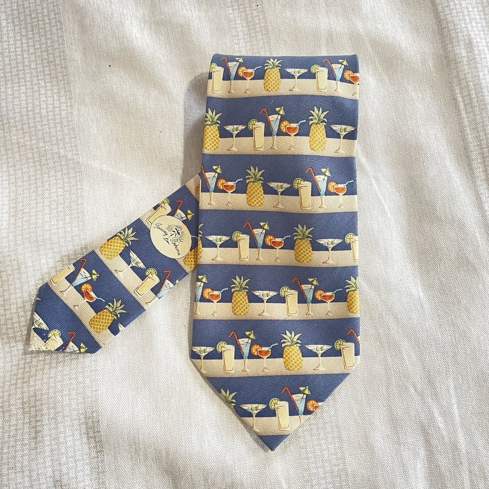 Tommy Bahama‎ Silk Tie Mens Blue Tan Stripe Tropical Cocktail Pineapple Neckwear